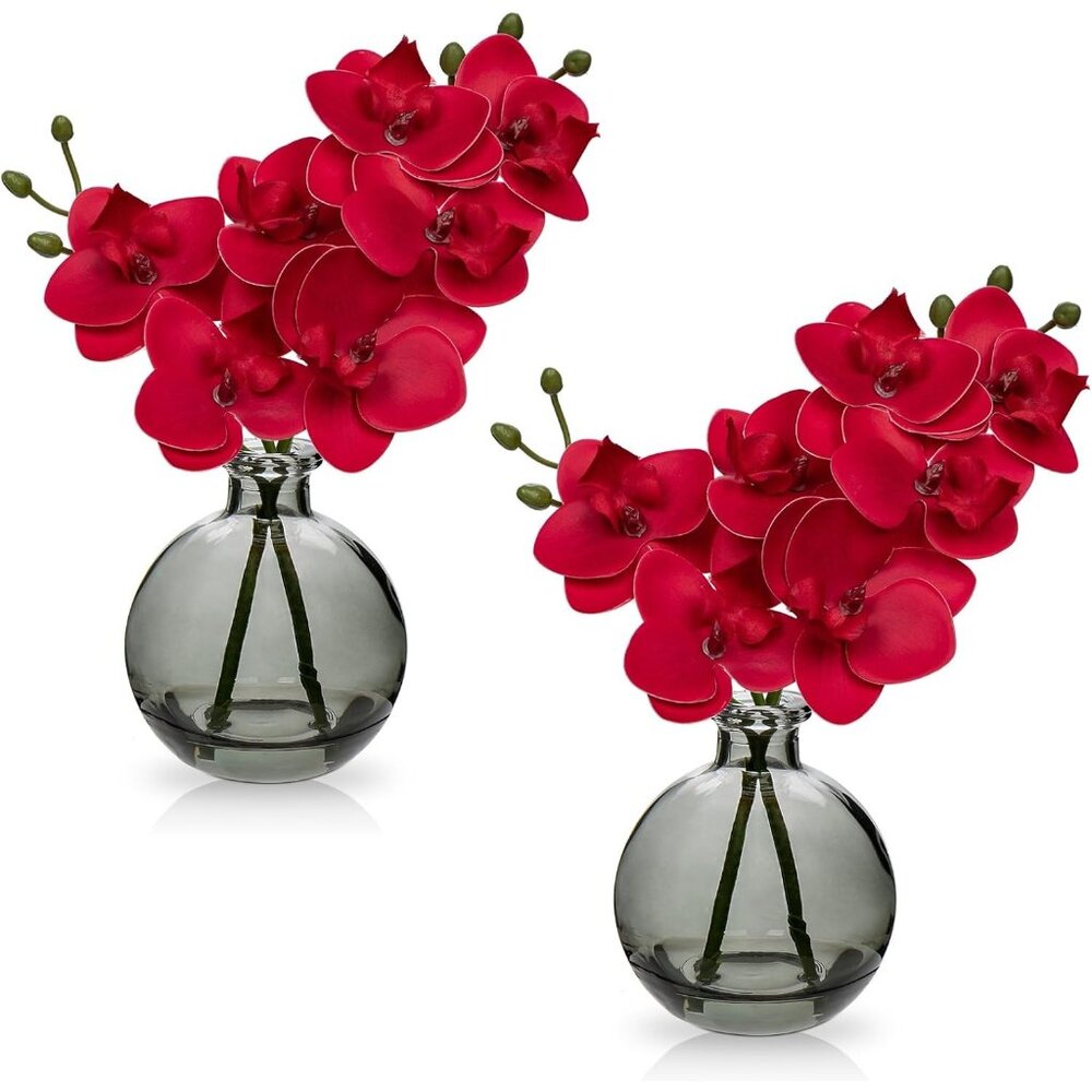Red/Black Vase Real Touch Artificial Faux Flowers Glass Style 2-Set Room Decor